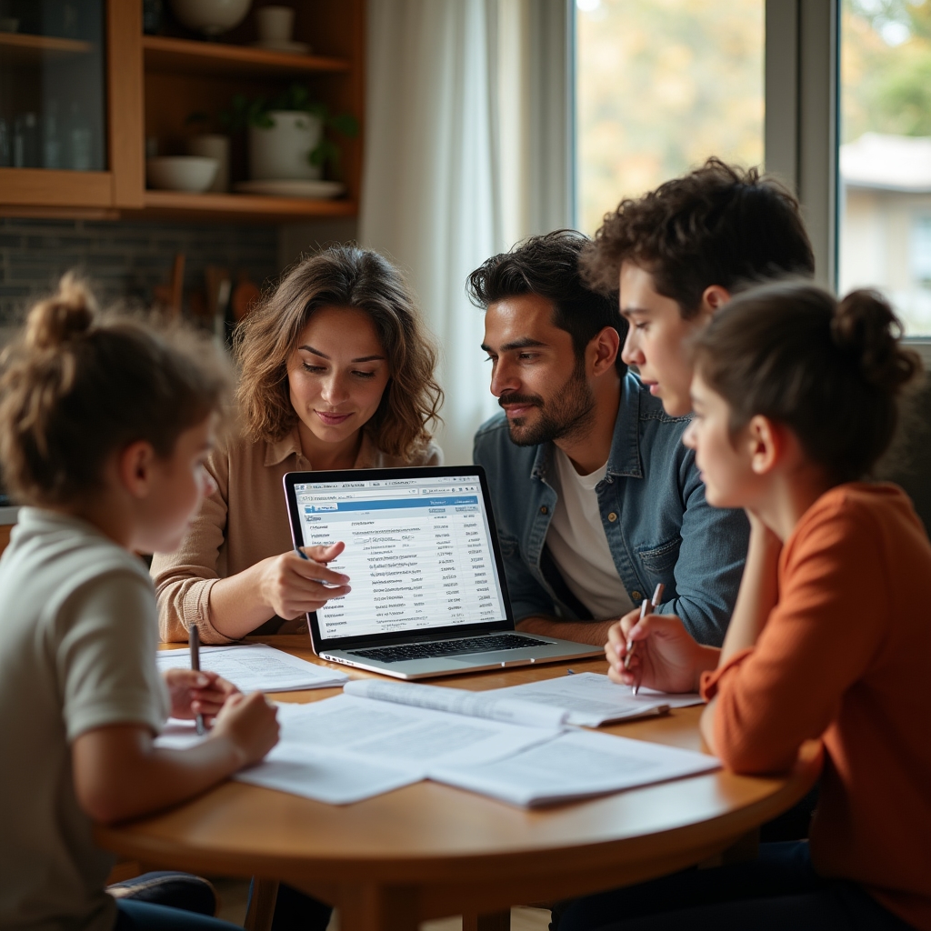 Family reviewing their monthly household budget together at home