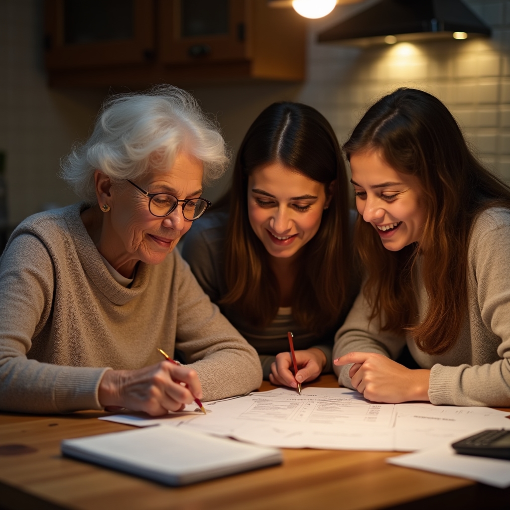 Family of four sitting together reviewing financial learning materials at a kitchen table