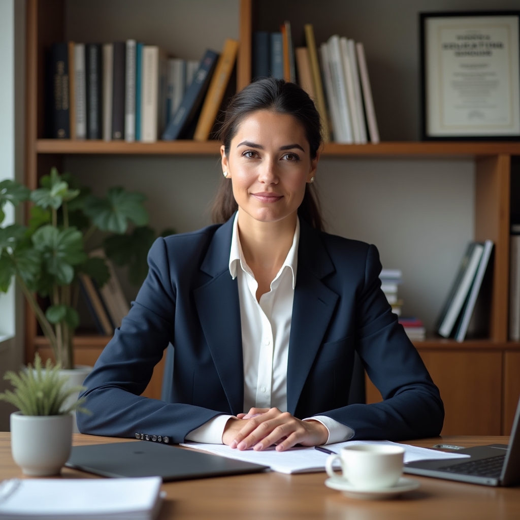 Financial educator working at a well-organized home office desk with books and notes