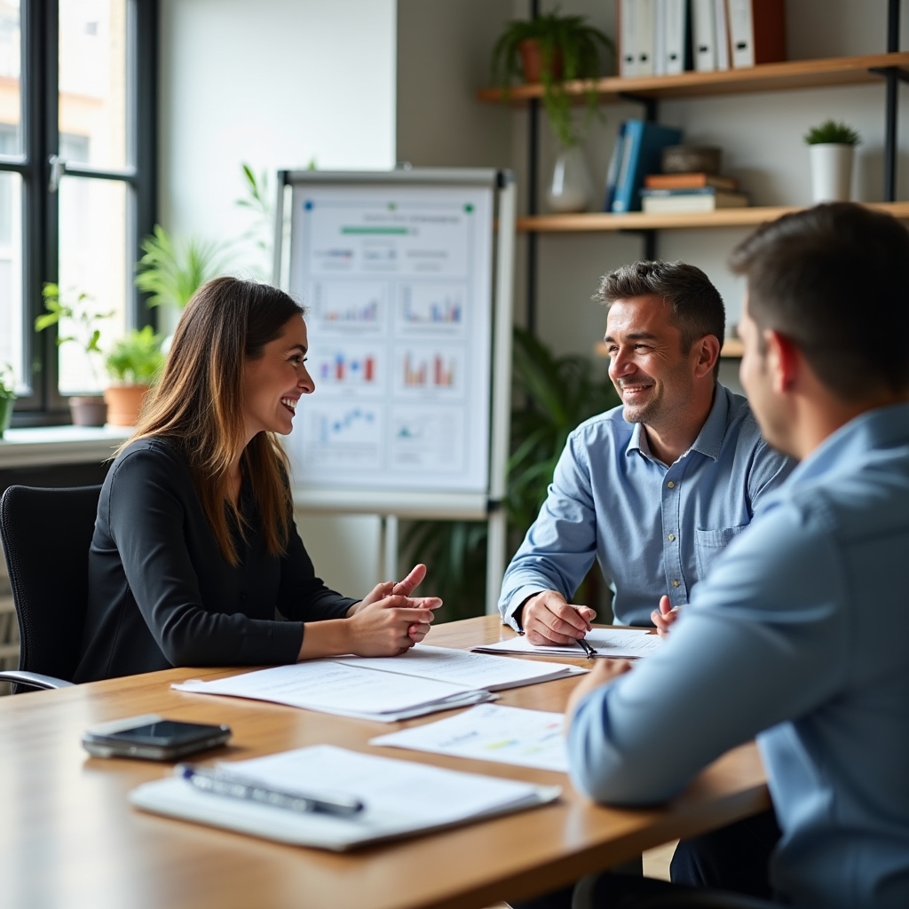 Vistocan team members collaborating at their San Juan office with financial education materials on the desk